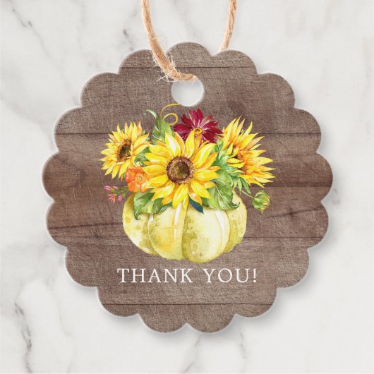 素朴なひまわりブーケとパンプキンの感謝の気持ちを表すギフト フェイバータグ (正面)