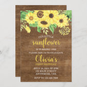 素朴なひまわり花模様の木製サマー ファースト バースデー 招待状 (正面/裏面)