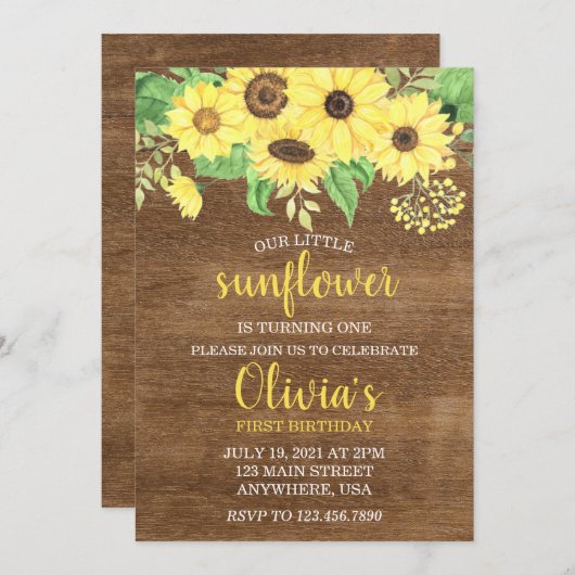 素朴なひまわり花模様の木製サマー ファースト バースデー 招待状 (正面/裏面)