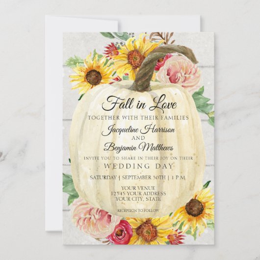 素朴なひまわり花模様の白いかぼちゃの木の板の装飾 招待状 (正面)