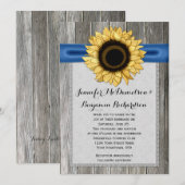 素朴なひまわり飾りの納屋風木製 青いリボン 招待状 (正面/裏面)