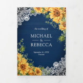 素朴なひまわり ネイビーブルー ウッド QR コード ウェディング 三つ折り招待状 (カバー)