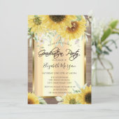 素朴なひまわり ライト 木の卒業,木目調の背景に素朴なひまわりとストリングライト 招待状 (スタンド正面)