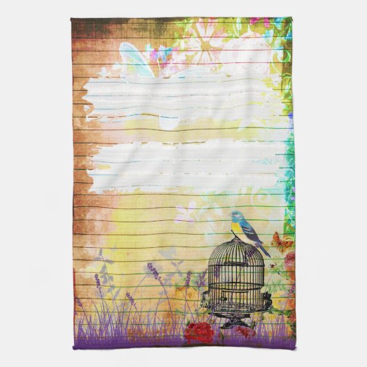 素朴なぼろぼろのシックでカラフルなヴィンテージの花柄 キッチンタオル (縦)