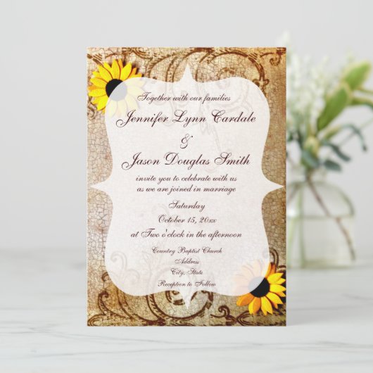 素朴なぼろぼろのヒマワリの渦巻の結婚式招待状 招待状 (スタンド正面)