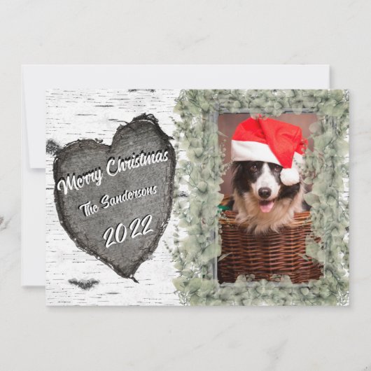 素朴なアスペン樹皮の木製ハート 家族写真 シーズンカード (正面)