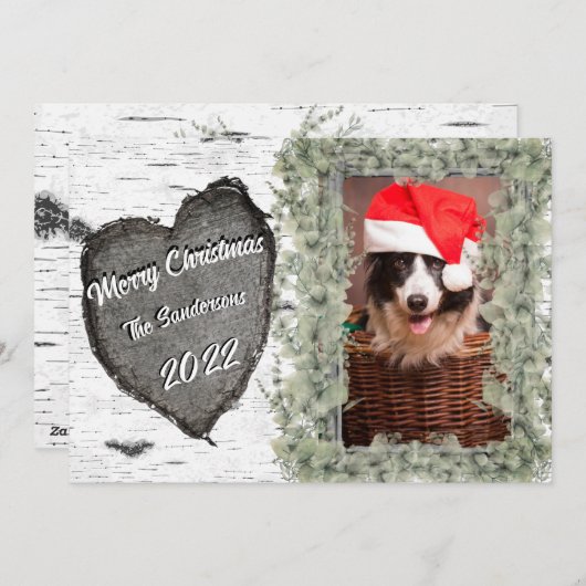 素朴なアスペン樹皮の木製ハート 家族写真 シーズンカード (正面/裏面)