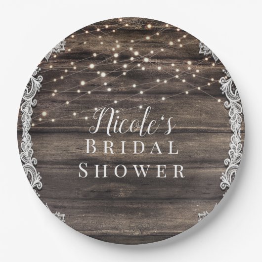 素朴なアッシュブラウンの木製レースとライトのウェディングブライダル ペーパープレート (正面)