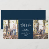 素朴なイニシャル ネイビーブルー 2枚写真のホリデーカード シーズンカード (正面/裏面)