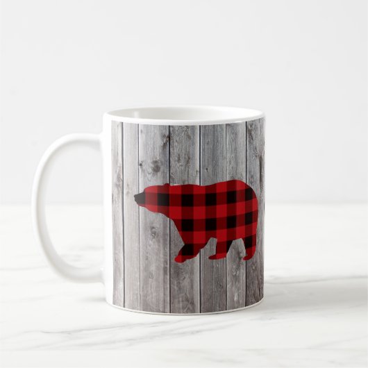 素朴なウッドランドの納木の赤いバッファローのプレイドベア コーヒーマグカップ (左)