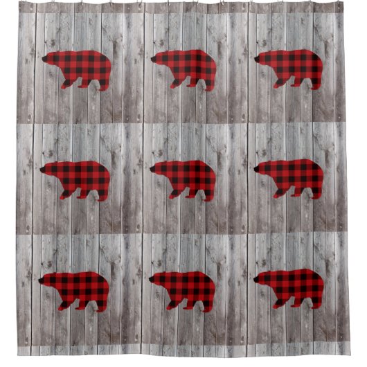 素朴なウッドランドの納木の赤いバッファローのプレイドベア シャワーカーテン (正面)
