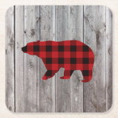 素朴なウッドランドの納木の赤いバッファローのプレイドベア スクエアペーパーコースター (正面)