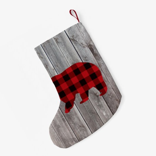 素朴なウッドランドの納木の赤いバッファローのプレイドベア スモールクリスマスストッキング (裏面 (吊り時))