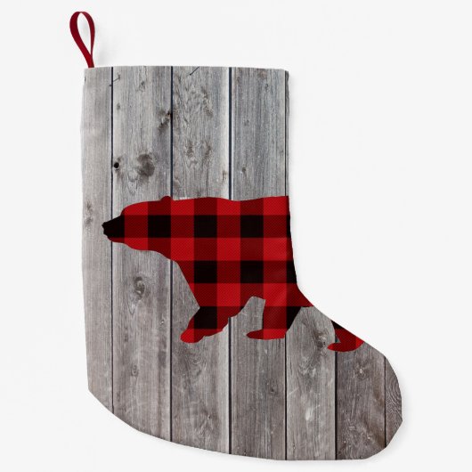 素朴なウッドランドの納木の赤いバッファローのプレイドベア スモールクリスマスストッキング (正面)
