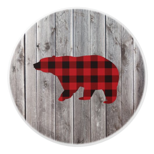 素朴なウッドランドの納木の赤いバッファローのプレイドベア セラミックノブ (正面)