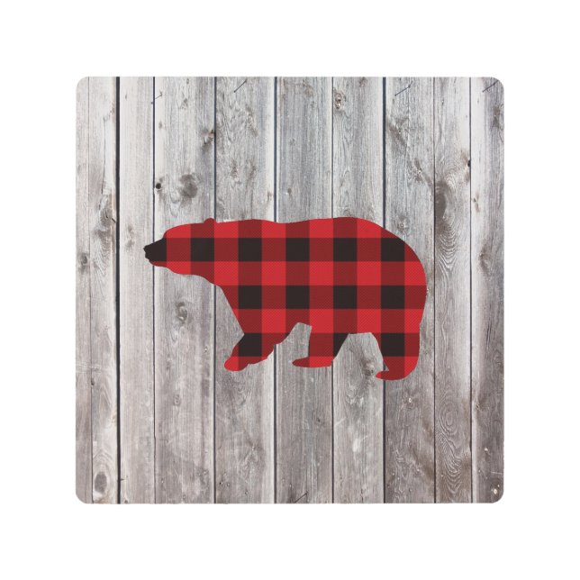 素朴なウッドランドの納木の赤いバッファローのプレイドベア メタルプリント (正面)