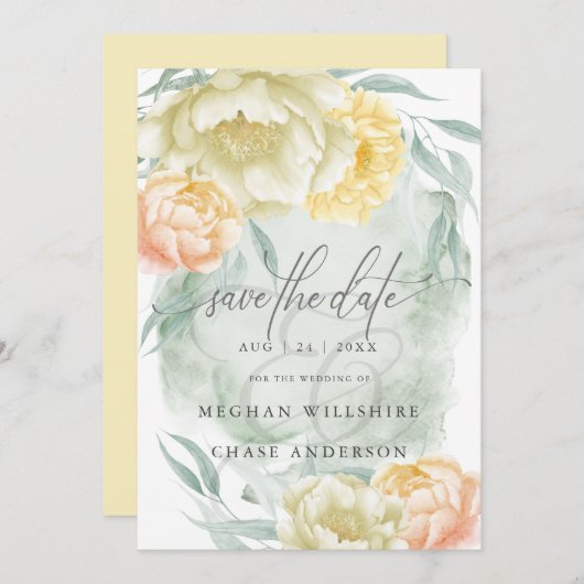 素朴なエレガントなレモンイエローとアイボリーの花 招待状 (正面/裏面)