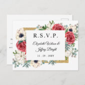 素朴なエレガントな赤と金の花のウェディングRSVP インビテーションポストカード (正面/裏面)