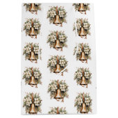 素朴なエレガントクリスマスの緑のホリー金ゴールドの鐘 ミディアムペーパーバッグ (正面)