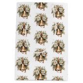 素朴なエレガントクリスマスの緑のホリー金ゴールドの鐘 ミディアムペーパーバッグ (裏面)