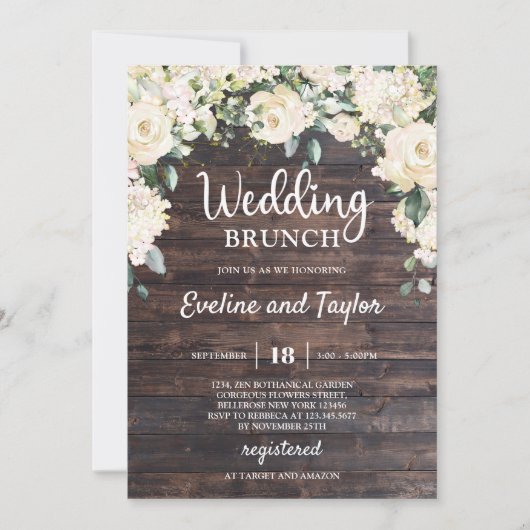 素朴なエレガント木の緑の白いフローラバラ 招待状 (正面)