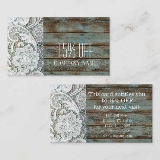 素朴なエレガント白レースのブルーバーンウッド割引 割引カード (正面/裏面)