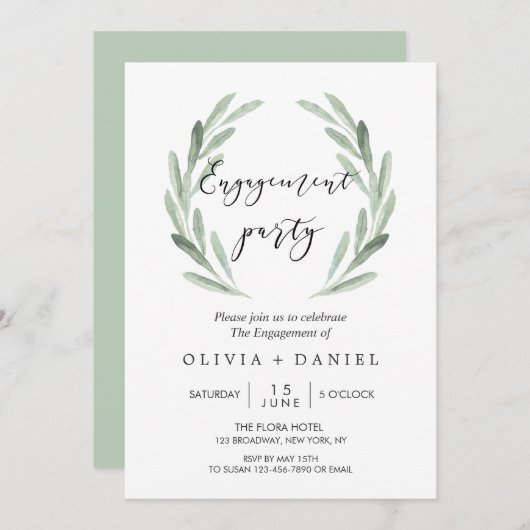 素朴なオリーブの枝のリースの婚約パーティ 招待状 (正面/裏面)