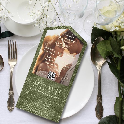 素朴なオリーブグリーンのフェイクバーリアープ写真QRコード オールインワン招待状