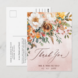 素朴なオレンジの花の秋の結婚式のお礼 ポストカード