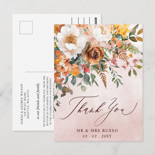素朴なオレンジの花の秋の結婚式のお礼 ポストカード (正面/裏面)