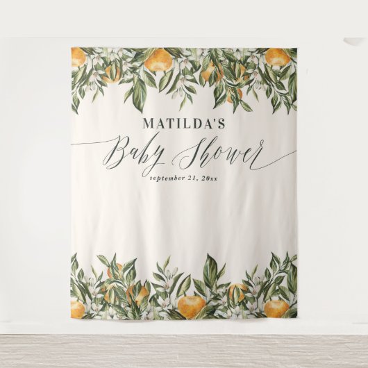 素朴なオレンジ色の柑橘類の植物学的なベビーシャワー タペストリー (正面)