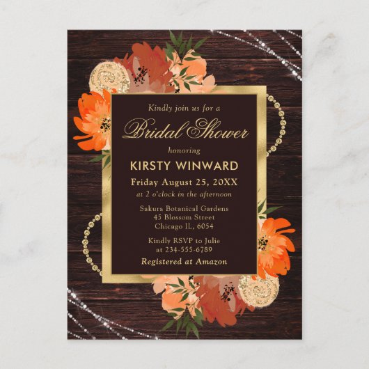 素朴なオレンジ色の秋の花 ブライダルシャワー ポストカード (正面)