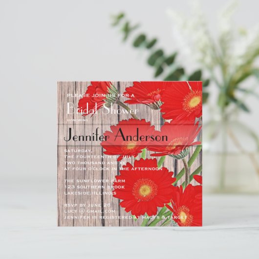 素朴なオレンジ赤のガーベラの国のブライダルシャワー 招待状 (スタンド正面)