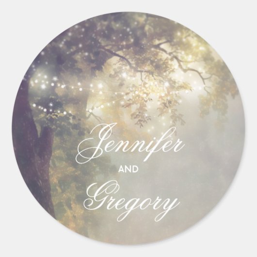 素朴なオークの木およびひもライトヴィンテージの結婚 ラウンドシール (正面)