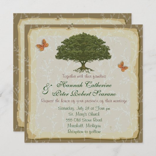 素朴なオークの木のウェディング 招待状 (正面/裏面)
