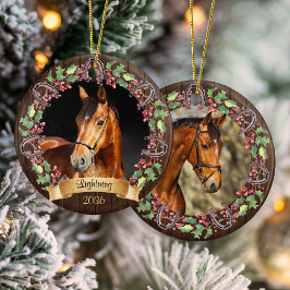 素朴なカスタマイズ 2 枚の写真 馬のクリスマス セラミックオーナメント