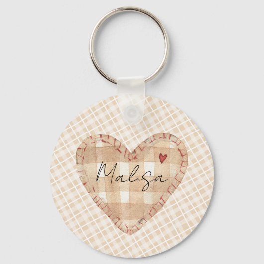 素朴なカスタムハートかわいらしタルタンパタン茶色 キーホルダー (正面)
