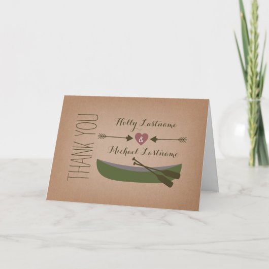 素朴なカヌー + 矢のサンキューカードのハート サンキューカード (正面)
