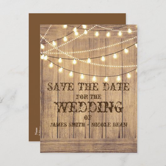 素朴なカントリーウエスタン 木とライトのSave the Date 案内ポストカード (正面/裏面)