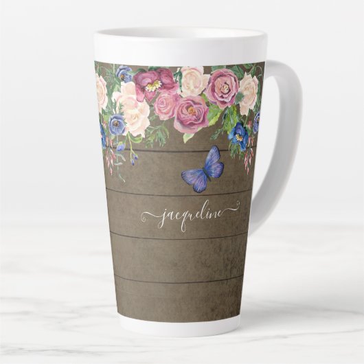 素朴なカントリーウォーターカラーフローラルネイビーブルゴーニュ カフェラテマグ (右アングル)