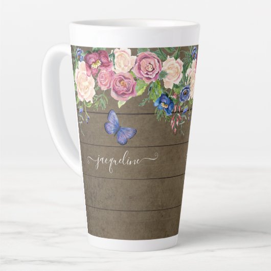 素朴なカントリーウォーターカラーフローラルネイビーブルゴーニュ カフェラテマグ (左アングル)