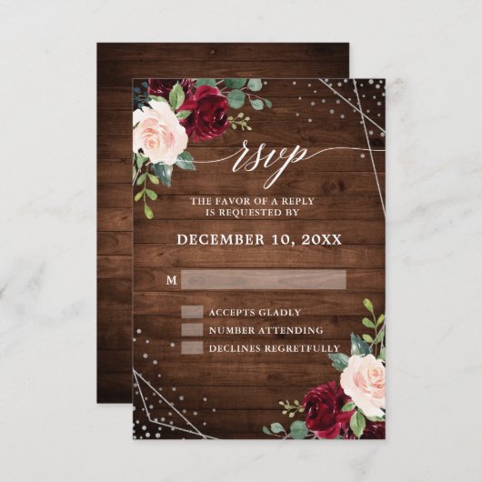 素朴なカントリーウッドの幾何学的なバーガンディーフラワーパターン 出欠カード (正面/裏面)