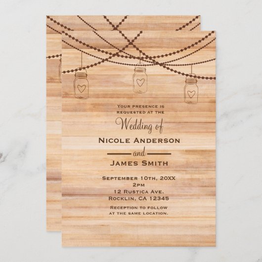 素朴なカントリーウッド & メイソンジャー バーンウェディング 招待状 (正面/裏面)