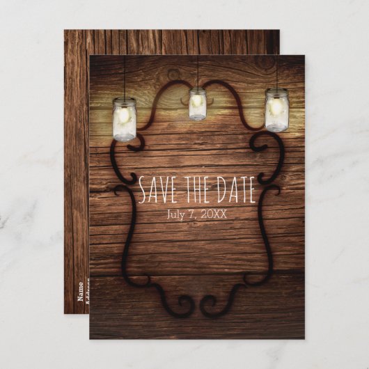 素朴なカントリーウッド & ライト付きメイソンジャー Save Date 案内ポストカード (正面/裏面)