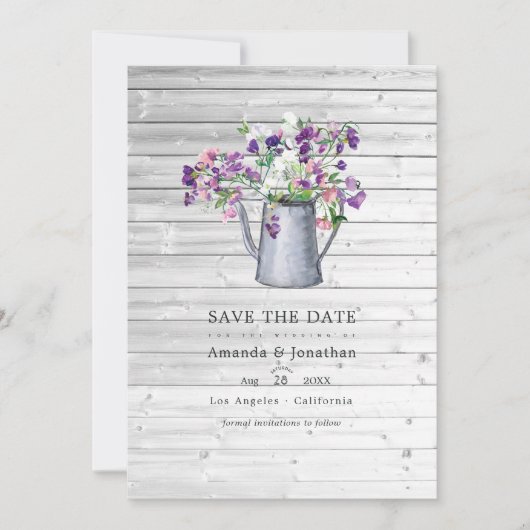 素朴なカントリーガーデンのスイートピー花の結婚式 セーブザデート (正面)