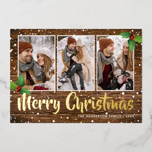 素朴なカントリークリスマスの写真 箔シーズンカード (正面)