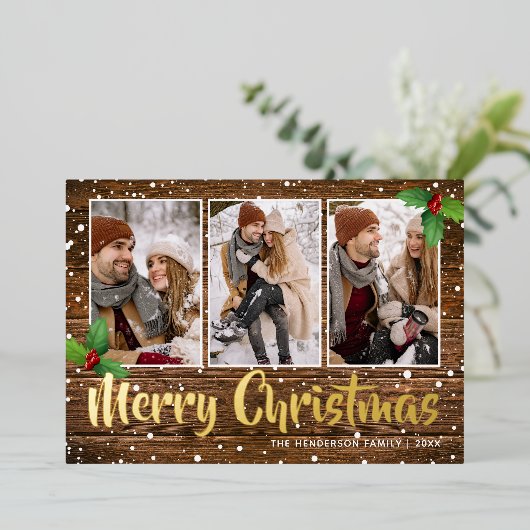 素朴なカントリークリスマスの写真 箔シーズンカード (立ち正面)