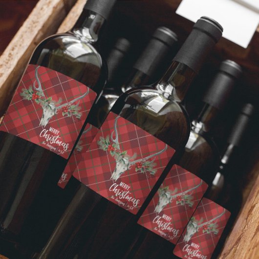 素朴なカントリーリンデブの頭蓋骨とガーランドのクリスマス ワインラベル