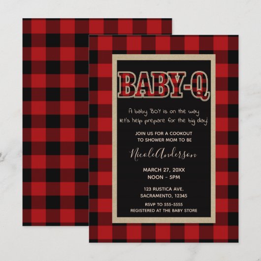 素朴なカントリーレッドバッファロープレイドのBABY Q BBQシャワー 招待状 (正面/裏面)