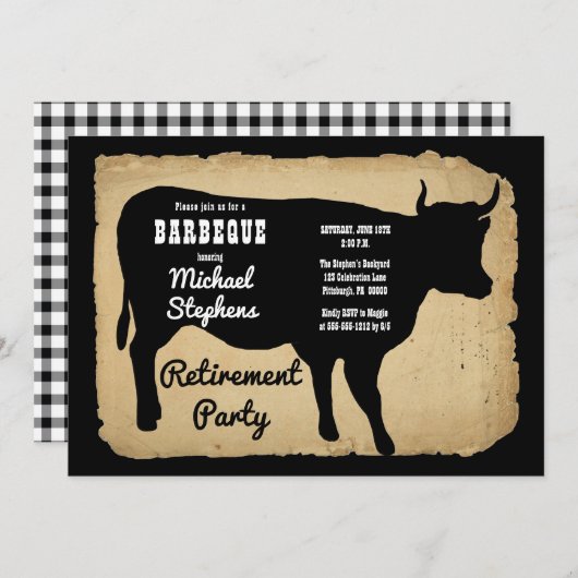 素朴なカントリー牛のバーベキュー引退パーティー 招待状 (正面/裏面)